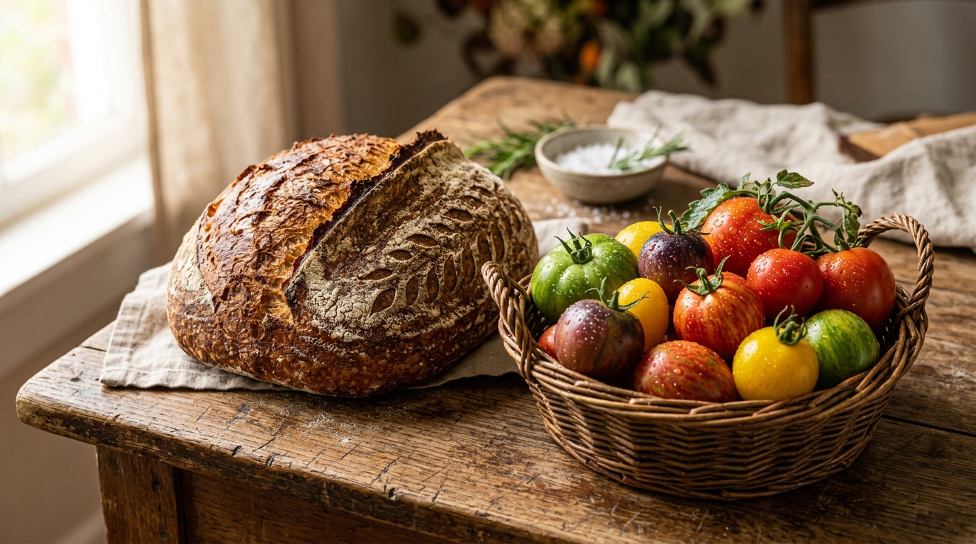 Fresh sourdough and heirloom tomatoes